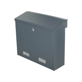 Safepost 925 staketbrevlåda i matt antracitgrått stål med frontinkast och baklucka med två fönster.