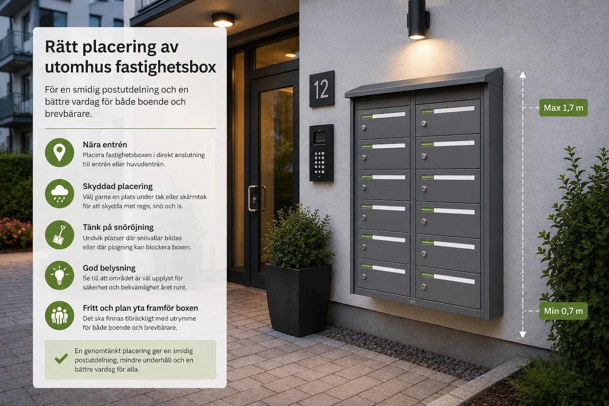 Exempel på placering av utomhus fastighetsbox vid entré till bostadsrättsförening